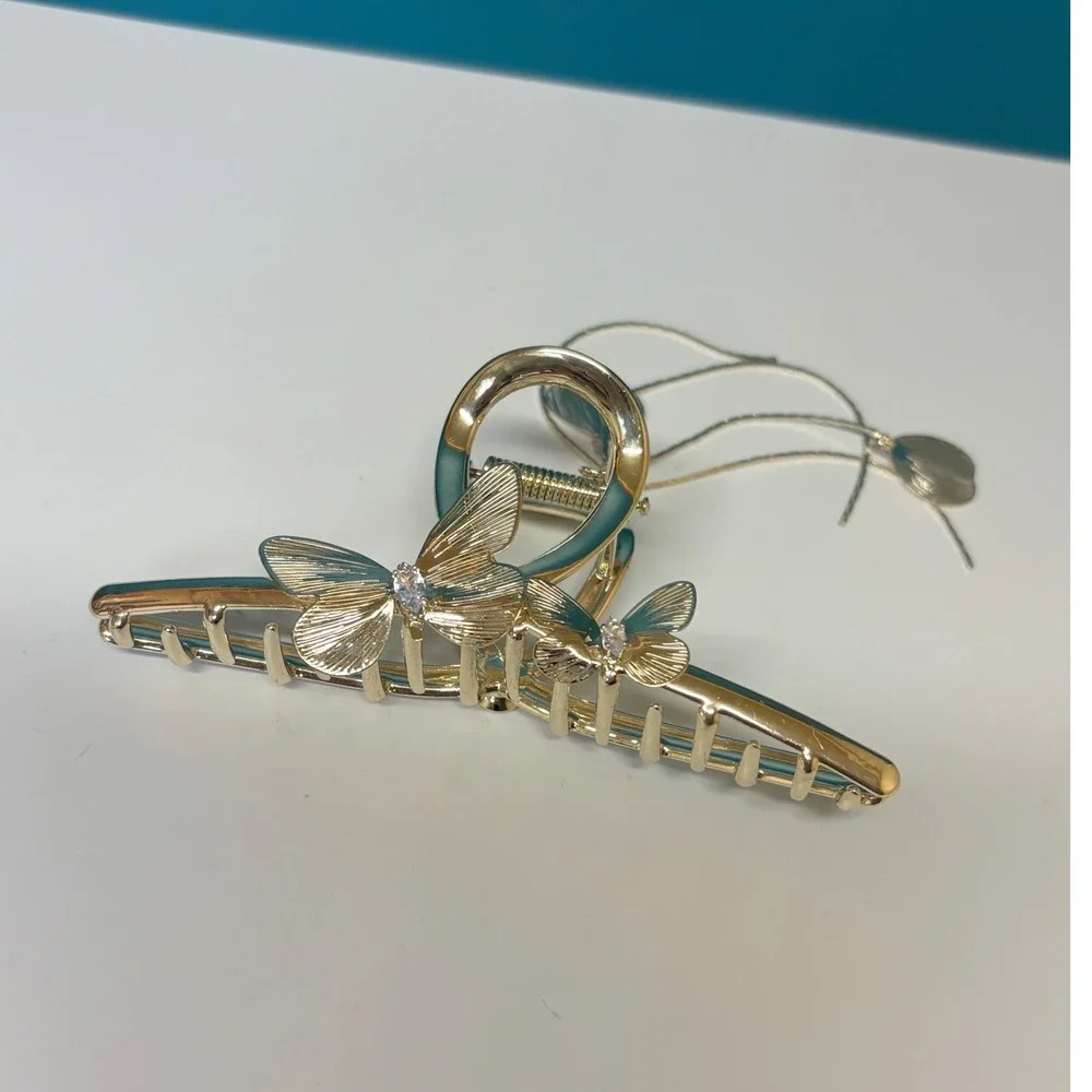 Gold Butterfly Hair Claw Clip Teal Enamel Rhinestone Dangle Tassel